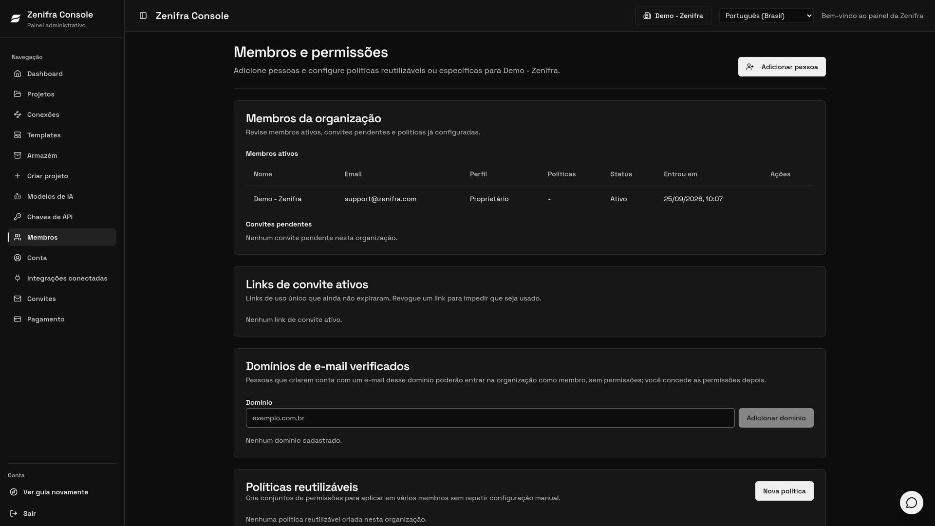 Página Membros e permissões com membros ativos, convites pendentes, links de convite ativos, domínios de e-mail verificados e o botão Adicionar pessoa